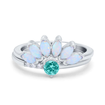Two Piece Bridal Art Deco Wedding Ring Round Simulated Paraiba Tourmaline CZ 925 Sterling Silver